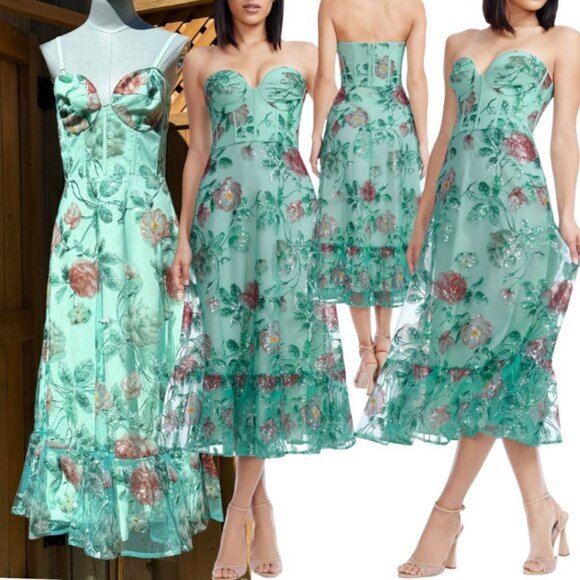 🆕 DRESS THE POPULATION 🧿 NWOT Lauren Floral Sequin Midi Dress, Sage - Sz S - Picture 1 of 15